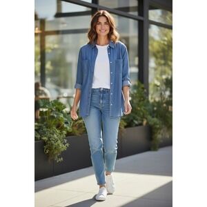 UNTUCKit Womens 16 NEW Button-Up Shirt Blue Chambray 100% Tencel With Pockets